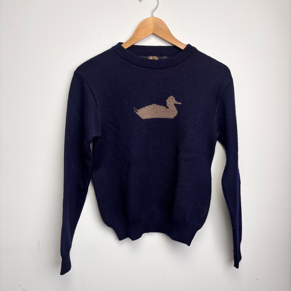 Vintage Post Horn Duck Sweater 100% Wool Navy Crewneck Medium Uruguay Preppy